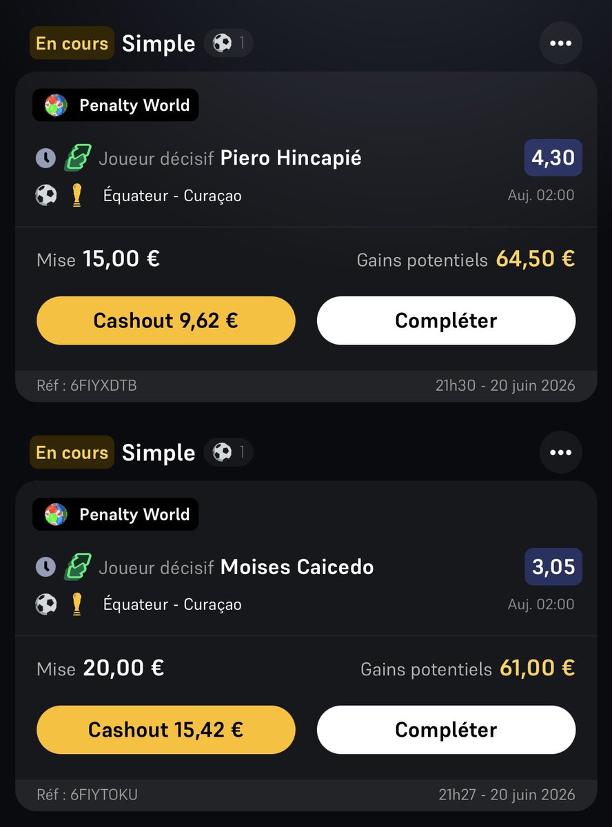 ydzpronos's tweet photo. 🇪🇨 Équateur - Curaçao 🇨🇼

🇪🇨Valencia et Équateur -2 @3 (0,5%)
🇪🇨Valencia 1,72 (0,8%)
🇪🇨Vite décisif @2,2 (0,5%)
🇪🇨Estupinian passeur @5 (0,3%)
🇪🇨Caicedo décisif @3,05 (0,4%)
🇪🇨Hincapié décisif @4,3 (0,3%)

🇪🇨🇨🇼 But du sub @2,35 (0,5%)

Je vois l’équateur s’imposer facilement face au curaçao et marquer a minima 3/4 buts.
Ils avaient vraiment tenté de jouer au foot lors de leur match contre l’Allemagne, ils se projettent et ont laissés des espaces.
Victoire OBLIGATOIRE des équatoriens avant d’affronter l’Allemagne pour espérer se qualifier.

#TeamParieur