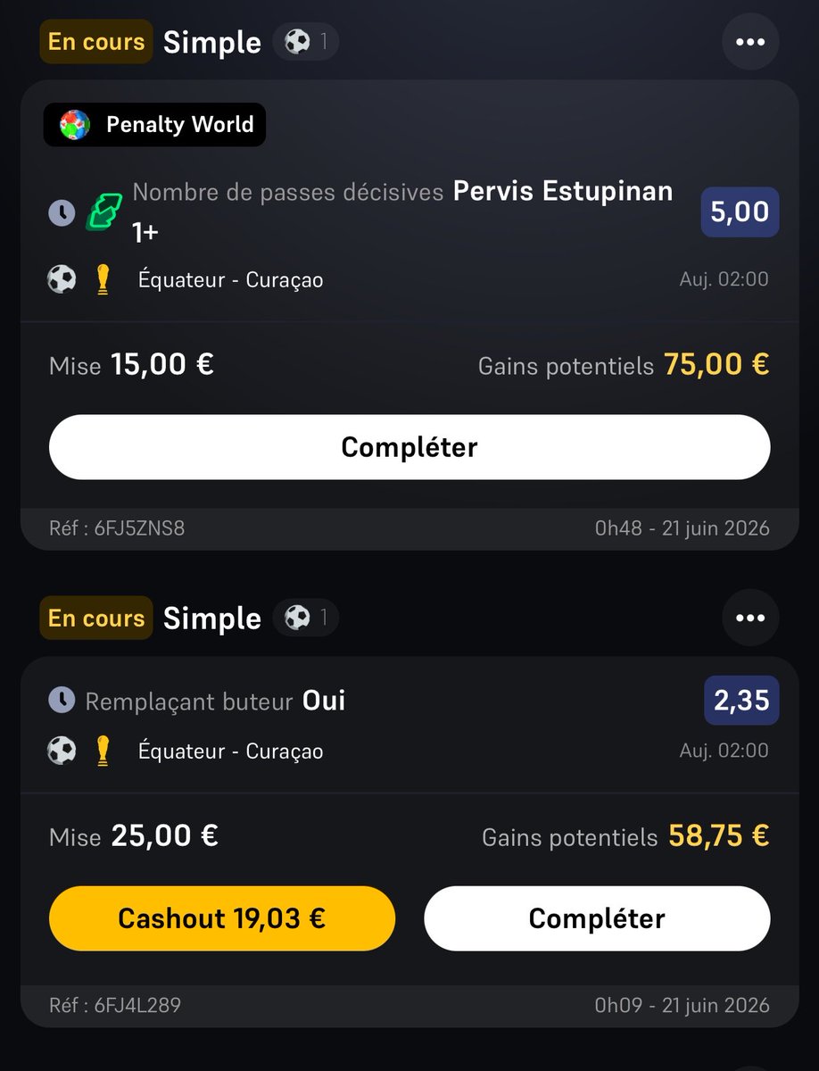 ydzpronos's tweet photo. 🇪🇨 Équateur - Curaçao 🇨🇼

🇪🇨Valencia et Équateur -2 @3 (0,5%)
🇪🇨Valencia 1,72 (0,8%)
🇪🇨Vite décisif @2,2 (0,5%)
🇪🇨Estupinian passeur @5 (0,3%)
🇪🇨Caicedo décisif @3,05 (0,4%)
🇪🇨Hincapié décisif @4,3 (0,3%)

🇪🇨🇨🇼 But du sub @2,35 (0,5%)

Je vois l’équateur s’imposer facilement face au curaçao et marquer a minima 3/4 buts.
Ils avaient vraiment tenté de jouer au foot lors de leur match contre l’Allemagne, ils se projettent et ont laissés des espaces.
Victoire OBLIGATOIRE des équatoriens avant d’affronter l’Allemagne pour espérer se qualifier.

#TeamParieur