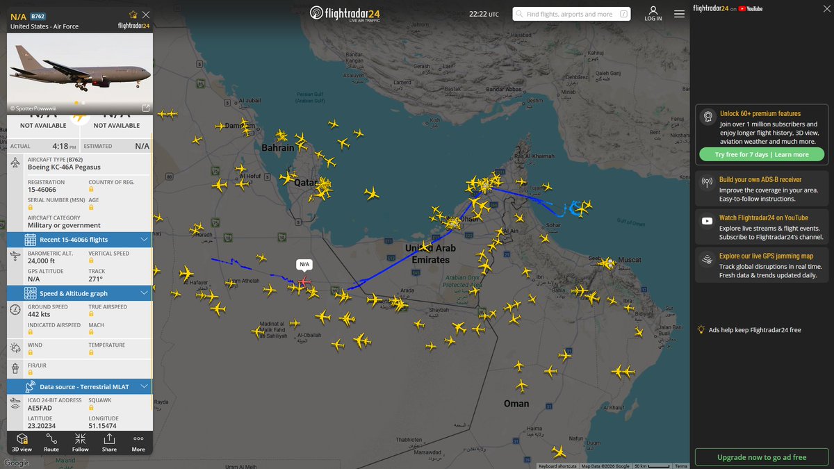 AIYeyENGDdJkjTr's tweet photo. June 21, 2026
#Al Reef Base, Abu Dhabi ==> #Gulf of Oman
#NoCALLSIGN #AE04DF USAF KC-135T Stratotanker
#NoCALLSIGN #AE0362 USAF KC-135R Stratotanker
#Ben Gurion ==> #Gulf of Oman
#NoCALLSIGN #AE5FA0 USAF KC-46A Pegasus
#Prince Sultan Air Base ==> #Gulf of Oman
#NoCALLSIGN #AE058B USAF KC-135R Stratotanker
#NoCALLSIGN #AE023E USAF KC-135R Stratotanker