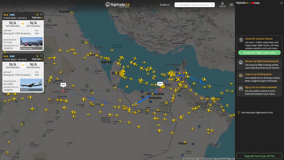 AIYeyENGDdJkjTr's tweet photo. June 21, 2026
#Al Reef Base, Abu Dhabi ==> #Gulf of Oman
#NoCALLSIGN #AE04DF USAF KC-135T Stratotanker
#NoCALLSIGN #AE0362 USAF KC-135R Stratotanker
#Ben Gurion ==> #Gulf of Oman
#NoCALLSIGN #AE5FA0 USAF KC-46A Pegasus
#Prince Sultan Air Base ==> #Gulf of Oman
#NoCALLSIGN #AE058B USAF KC-135R Stratotanker
#NoCALLSIGN #AE023E USAF KC-135R Stratotanker