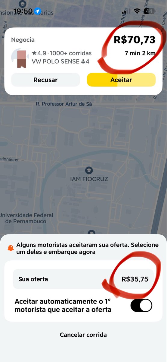 aX4t4's tweet photo. Preço normal: R$ 42,80. 
Peço 99 negocia por 35,75 pq to latindo pra economizar cachorro, o motorista: “pelo dobro eu vou” 🤡 é a coisa mais sem sentido do @voude99 https://t.co/7IpHstD84w