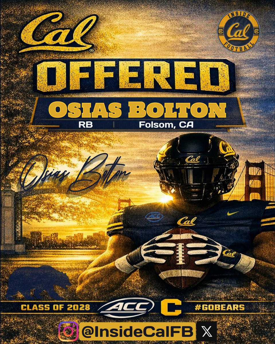 InsideCalFB's tweet photo. 📣 Recruiting Update 🐻

Osias Bolton has received an offer from Cal.
The Class of 2028 running back from Folsom High School continues to rise as one of the most promising young offensive playmakers in Northern California.
At 5’11 and 195 pounds with a strong 3.6 GPA, Bolton brings a blend of power, balance, and burst that stands out early in his development.

His production, physical profile, and competitive edge have already put him firmly on the radar — and now Cal has officially entered the race for a high‑upside back who can impact an offense in multiple ways.

@Hollywoodcycy #GoBears #CalFootball