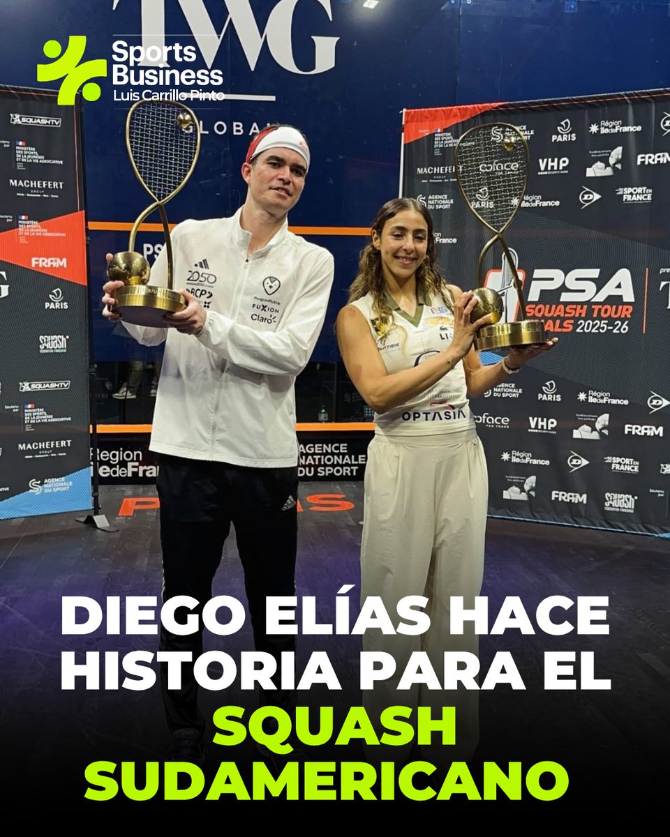 lcarrillopinto's tweet photo. 🇵🇪El peruano Diego Elías se convirtió en el primer jugador sudamericano en conquistar las Finales del Tour PSA de Squash, luego de vencer a Paul Coll en la definición disputada en París. El triunfo por 3-1 (7-11, 11-4, 11-6, 11-9) en 82 minutos cerró una temporada histórica para el deportista nacional.

📌Además, el torneo también coronó a la egipcia Hania El Hammamy, número 1 del mundo, quien consiguió su segundo título de las Finales del Tour PSA tras superar a Sivasangari Subramaniam por 3-1 (11-6, 10-11, 11-8, 11-8) en una emocionante final de 54 minutos. Un campeonato que reunió a las máximas figuras del squash internacional en París.