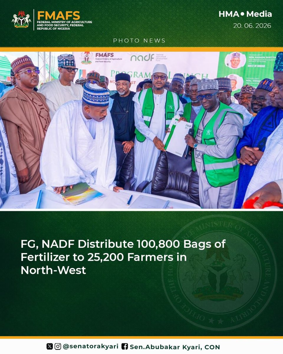 tudunwada__mi's tweet photo. FG, NADF Distribute 100,800 Bags of Fertilizer to 25,200 Farmers in North-West

Katsina State - 20th June, 2026

The Federal Government, through the National Agricultural Development Fund (NADF), has flagged off the North-West Zonal Farm Input Support Programme (FISP) Phase I with the distribution of 100,800 bags of fertilizer to 25,200 smallholder farmers across Katsina, Kano, Kaduna, Kebbi and Jigawa States.

Speaking at the flag-off ceremony in Katsina State, the Honourable Minister of Agriculture and Food Security, Senator Abubakar Kyari, @SenatorAKyari CON, described the intervention as a strategic investment in food security and rural economic growth, in line with the Renewed Hope Agenda of President Bola Ahmed Tinubu, GCFR.

The Minister disclosed that each of the five beneficiary states received 20,160 bags of fertilizer for onward distribution to 5,040 registered farmers in collaboration with the All Farmers Association of Nigeria (AFAN).

He noted that the programme is aimed at closing productivity gaps among smallholder farmers while simultaneously supporting indigenous fertilizer producers to scale up production, thereby creating jobs and strengthening Nigeria’s food system.

Senator Kyari recalled that the Federal Government had earlier launched the AgGrow-1 initiative, which linked agro-processors with registered smallholder farmers to guarantee market access and improve value chain efficiency.

Reaffirming the administration’s commitment to food security, the Minister said targeted interventions being implemented under President Tinubu’s Renewed Hope Agenda are helping to stabilize food prices, moderate inflationary pressures and restore confidence in Nigeria’s agro-economic transformation.

“Food security is not won in a single day. It is won season by season, farmer by farmer, input by input. Today, the North-West has taken its turn,” Senator Kyari stated.