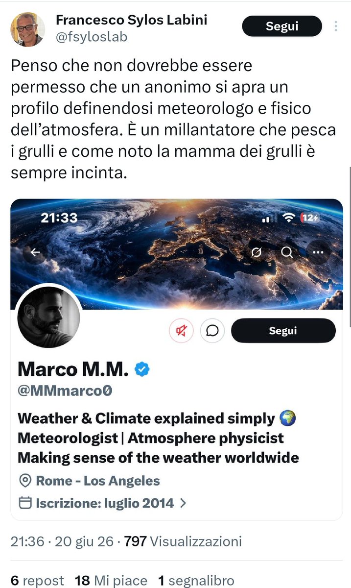 MMmarco0's tweet photo. Non basta dare del "grullo" al pubblico per diventare più scientifici.

Si può criticare tutto, un dato, una mappa, una previsione, un passaggio fisico ed è così che dovrebbe funzionare il confronto. Altro è dire che chi divulga fuori dal recinto giusto è un "millantatore" e che chi lo segue è gente da pescare. 

Questa non è critica scientifica è delegittimazione e quando la legittimità non dipende da cosa dici, ma da quanto sei riconosciuto dal club giusto, siamo già nella piccola dittatura del pensiero unico. Io continuerò a fare quello che faccio, spiegare il tempo atmosferico, geopotenziali, punto di rugiada, modelli, incertezze e scenari senza mitologie e senza tifoserie.

A chi mi segue ed è stato liquidato come "grullo" vorrei dire grazie. La curiosità non è grulleria è il primo requisito per capire qualcosa.