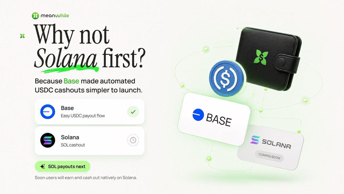 Meanwhile_cash's tweet photo. We’re Solana native, we started on Base because USDC payouts are simpler to handle.

On Solana, sending SPL USDC is trickier: each recipient needs an active token account first, which adds setup overhead and more ways automated payouts can fail.

Long story short, we're now working on SOL payouts, and you will be able to earn and cash out natively on @solana!

https://t.co/fp6Zwh5ExM