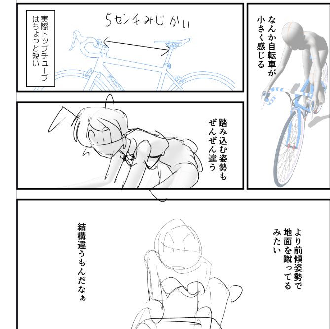 まんがのネタとして質問です
クロスバイクからロードバイクに乗り換えました
ロードのほうがトップチューブが5センチ短いのですが、それ以上にコンパクトになって振り回せるような感覚を感じたのですがあっていますでしょうか?
それとも「いや実際フレーム小さいじゃん」なのでしょうか? 