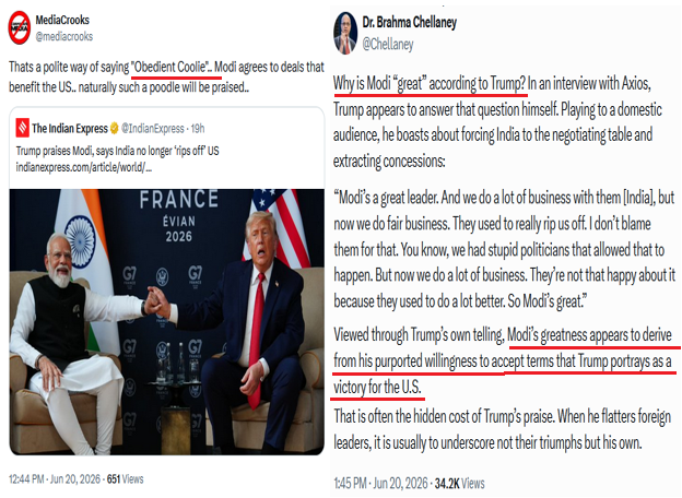 mediacrooks's tweet photo. Many do call Modi a "Planted Puppet" of the US. It takes just common sense to see why Trump praises his "Obedient Coolie" who makes deals favouring US &amp; keeps his mouth shut on their anti-India actions.. Only media pimps, #Moditards &amp; BJPigs really think Trump is praising him.. https://t.co/q2oeYIsfqn