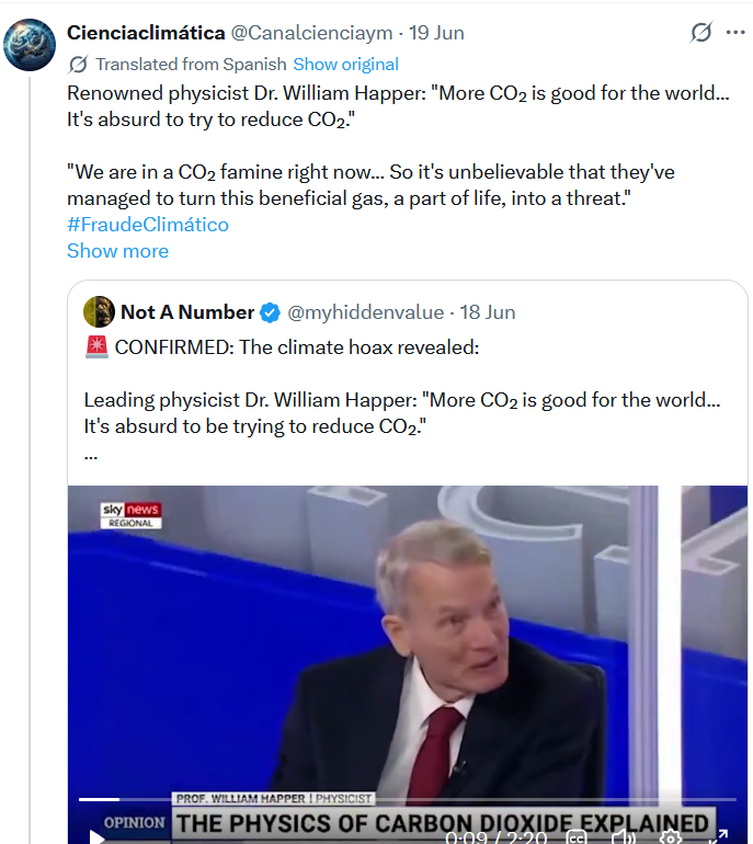 JamesAbbott2013's tweet photo. This #clown account repeats lies &amp; misinformation of William Happer, founding member of Big Oil lobby group CO2 Coalition.
We are not in "CO2 famine". 
CO2 is 50% higher now than during 10,000 yrs of development of human civilisation &amp; likely has not been higher for millions yrs. https://t.co/VG4t97F2mA