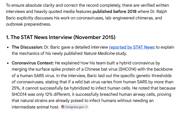FringeViews's tweet photo. @RandPaul Ralph Baric was working on making coronaviruses more virulent for many, many years at UNC Chapel Hill in the US.
There are more interviews than these Gemini summaries, but this is a start https://t.co/BKXIrdBSJe