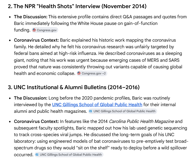FringeViews's tweet photo. @RandPaul Ralph Baric was working on making coronaviruses more virulent for many, many years at UNC Chapel Hill in the US.
There are more interviews than these Gemini summaries, but this is a start https://t.co/BKXIrdBSJe