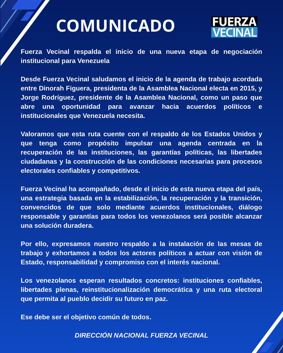 lafuerzavecinal's tweet photo. Desde Fuerza Vecinal respaldamos el inicio de la agenda de trabajo entre Dinorah Figuera y Jorge Rodríguez. Un paso clave respaldado por EEUU para impulsar la recuperación institucional, garantías políticas y condiciones electorales confiables. ¡El país exige resultados en paz! 🤝
