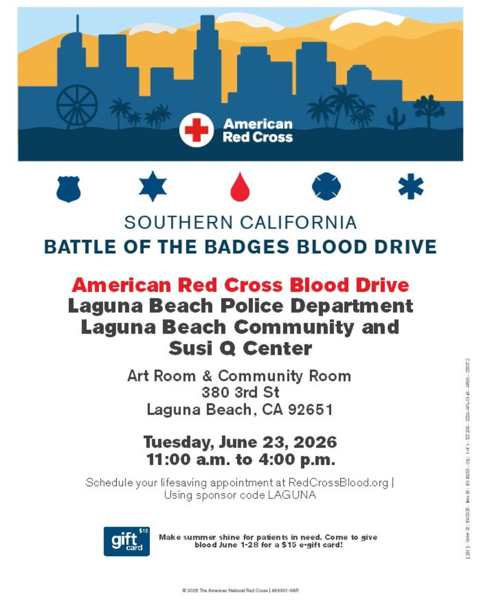 lagunabeachgov's tweet photo. Reminder: The Battle of the Badges Blood Drive is coming up on June 23, from 11:00 a.m. - 4:00 p.m. at the Community &amp; Susi Q Center.

Visit https://t.co/lhsCCOMyXn and use sponsor code LAGUNA to reserve your spot. https://t.co/uqJkL2Juhi