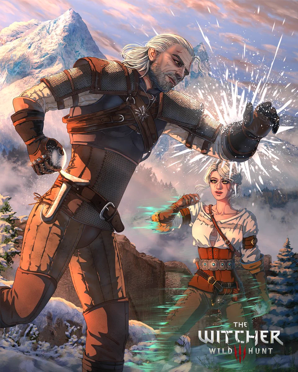 Digital illustration showing Geralt and Ciri from The Witcher 3: Wild Hunt having a snowball fight. In the foreground, Geralt shields himself from an incoming snowball while holding another in his hand. Behind him, Ciri smiles, also holding a snowball. Green streaks suggest that she is in motion, using magic to dodge rapidly. Snow-covered mountains and a winter landscape appear in the background. The Witcher 3: Wild Hunt logo is also visible.