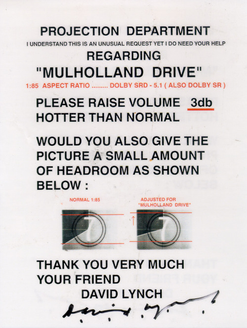 TheCinesthetic's tweet photo. David Lynch’s note to projectionists for MULHOLLAND DRIVE (2001) https://t.co/JxpbEam8ss