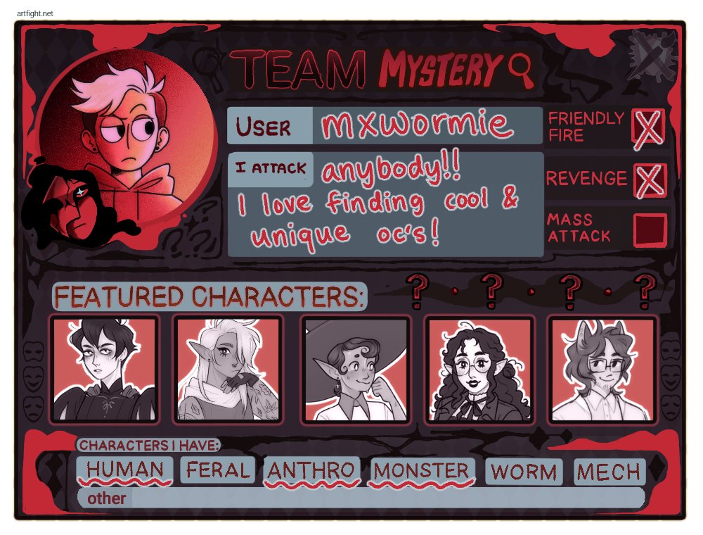 mxwormie's tweet photo. im picking team mystery for #artfight2026 !! https://t.co/KY4a4sqO2J
