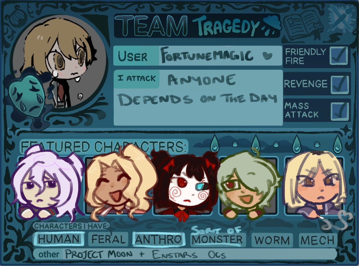 f0rtunemagic's tweet photo. i'm tragedy 😢😢😢 #artfight2026 #artfight i will try my best to get a lot of people https://t.co/3Z6jnVKfzp