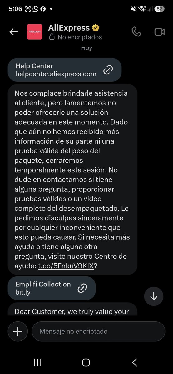 Manuseador's tweet photo. Pues en vista de que @AliExpress_EN pide una prueba del peso del paquete y @OfficialCainiao dice que no puede proporcionarme dicha información, tendré que aceptar la pérdida de mi dinero. https://t.co/cZflga46yc