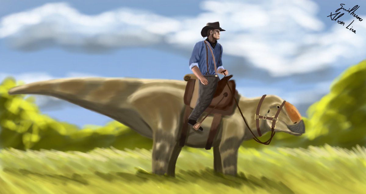 GUIPREHISTORIC's tweet photo. Arte do querido Arthur Morgan montado em seu Hadrosaurus foulkii https://t.co/btE5pYYCzI