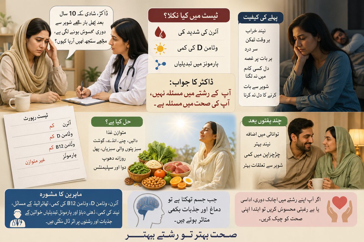 moona_sikander's tweet photo. عورت نے پوچھا: "ڈاکٹر، شادی کے 10 سال بعد پہلی بار ایسا کیوں ہوا کہ مجھے شوہر سے دوری محسوس ہونے لگی؟"

"مجھے خود سمجھ نہیں آ رہا ڈاکٹر صاحب، میں اپنے شوہر سے محبت کرتی ہوں، وہ میرا خیال بھی رکھتے ہیں، لیکن پچھلے چند مہینوں سے ایسا لگتا ہے جیسے میرے دل میں ان کے لیے پہلے جیسا جذبہ نہیں رہا۔"

عورت کی آنکھوں میں پریشانی صاف نظر آ رہی تھی۔

اس کی شادی کو دس سال ہو چکے تھے۔

دو بچے تھے۔

گھر خوشحال تھا۔

شوہر ذمہ دار اور محبت کرنے والے تھے۔

باہر سے دیکھنے والا ہر شخص یہی کہتا کہ یہ ایک خوش قسمت خاندان ہے۔

لیکن حقیقت یہ تھی کہ اس عورت کے اندر ایک عجیب سی جنگ چل رہی تھی۔

کچھ ماہ پہلے تک سب کچھ معمول کے مطابق تھا۔

پھر آہستہ آہستہ اس نے خود میں تبدیلی محسوس کرنا شروع کی۔

وہ پہلے جلدی خوش ہو جاتی تھی۔

اب ہر بات پر غصہ آ جاتا تھا۔

پہلے شوہر کے گھر آنے کا انتظار رہتا تھا۔

اب وہ ان سے بات کرنے سے بھی کترانے لگی تھی۔

اسے لگتا تھا شاید اس کی محبت ختم ہو رہی ہے۔

یہ خیال اسے اندر ہی اندر کھائے جا رہا تھا۔

ایک رات اس نے اپنے شوہر کو سوتے ہوئے دیکھا۔

اس کے دل میں عجیب سی اداسی بھر گئی۔

وہ جانتی تھی کہ شوہر نے کوئی غلطی نہیں کی۔

پھر آخر ایسا کیوں ہو رہا تھا؟

کئی دن سوچنے کے بعد اس نے ڈاکٹر سے ملاقات کا فیصلہ کیا۔

ڈاکٹر نے اس کی بات غور سے سنی۔

پھر سوالات شروع کیے۔

"نیند کیسی آتی ہے؟"

"بہت خراب۔"

"تھکن رہتی ہے؟"

"ہر وقت۔"

"سر درد؟"

"اکثر۔"

"دل کسی کام میں لگتا ہے؟"

"بالکل نہیں۔"

ڈاکٹر نے چند ٹیسٹ تجویز کیے۔

عورت کو یقین تھا کہ رپورٹس بالکل نارمل آئیں گی۔

لیکن جب نتائج سامنے آئے تو وہ حیران رہ گئی۔

اس کے جسم میں آئرن کی شدید کمی تھی۔

وٹامن ڈی خطرناک حد تک کم تھا۔

اور کچھ ہارمونز میں بھی تبدیلیاں دیکھی گئیں۔

ڈاکٹر نے رپورٹ میز پر رکھتے ہوئے کہا:

"آپ کے رشتے میں مسئلہ نہیں، آپ کی صحت میں مسئلہ ہے۔"

یہ سن کر عورت خاموش ہو گئی۔

ڈاکٹر نے سمجھایا کہ جب جسم مسلسل کمزوری، غذائی کمی اور ہارمونل تبدیلیوں کا شکار ہو تو دماغ بھی متاثر ہوتا ہے۔

انسان جلد غصہ کرتا ہے۔

اداسی بڑھ جاتی ہے۔

دل کسی چیز میں نہیں لگتا۔

حتیٰ کہ اپنے قریبی لوگوں سے بھی جذباتی دوری محسوس ہونے لگتی ہے۔

عورت کو پہلی بار لگا جیسے کسی نے اس کی کیفیت کو صحیح سمجھا ہو۔

اس نے اعتراف کیا کہ پچھلے ایک سال سے وہ اپنی صحت کو نظر انداز کر رہی تھی۔

ناشتہ اکثر چھوڑ دیتی تھی۔

بچوں اور گھر کے کاموں میں اتنی مصروف رہتی کہ خود پر توجہ ہی نہیں دیتی تھی۔

رات دیر تک جاگتی تھی۔

صبح جلدی اٹھ جاتی تھی۔

آرام تقریباً ختم ہو چکا تھا۔

ڈاکٹر نے اسے متوازن غذا لینے کا مشورہ دیا۔

دالیں، چنے، انڈے، گوشت، سبز پتوں والی سبزیاں اور پھل روزانہ خوراک میں شامل کرنے کو کہا۔

ساتھ ہی وٹامن ڈی کے لیے دھوپ اور مناسب علاج شروع کیا گیا۔

چند ہفتوں بعد اس نے خود میں تبدیلی محسوس کی۔

توانائی واپس آنے لگی۔

نیند بہتر ہو گئی۔

چڑچڑاپن کم ہونے لگا۔

اور سب سے حیران کن بات یہ تھی کہ شوہر کے ساتھ تعلقات بھی پہلے جیسے ہونے لگے۔

ایک شام جب شوہر کام سے واپس آئے تو اس نے کئی ماہ بعد مسکرا کر ان کا استقبال کیا۔

شوہر نے فوراً محسوس کیا کہ کچھ بدل گیا ہے۔

انہوں نے کہا:

"آج تم پہلے جیسی لگ رہی ہو۔"

یہ سن کر اس کی آنکھوں میں آنسو آ گئے۔

کیونکہ اب وہ جان چکی تھی کہ مسئلہ محبت ختم ہونے کا نہیں تھا۔

مسئلہ اس کی صحت کا تھا۔

ماہرین کے مطابق خواتین میں آئرن، وٹامن ڈی، وٹامن بی 12 کی کمی، تھائرائیڈ کے مسائل، مسلسل ذہنی دباؤ، نیند کی کمی اور ہارمونل تبدیلیاں جذبات اور ازدواجی تعلقات پر اثر ڈال سکتی ہیں۔

اسی لیے اگر کسی خاتون کو اچانک شوہر سے دوری، بے رغبتی، اداسی یا غیر معمولی چڑچڑاپن محسوس ہو تو صرف رشتے کو قصوروار نہ ٹھہرائیں۔

کبھی کبھی جسم مدد کے لیے خاموش اشارے دے رہا ہوتا ہے۔

اور اگر ان اشاروں کو وقت پر سمجھ لیا جائے تو نہ صرف صحت بلکہ رشتے بھی سنور سکتے ہیں ۔

#موناسکندر