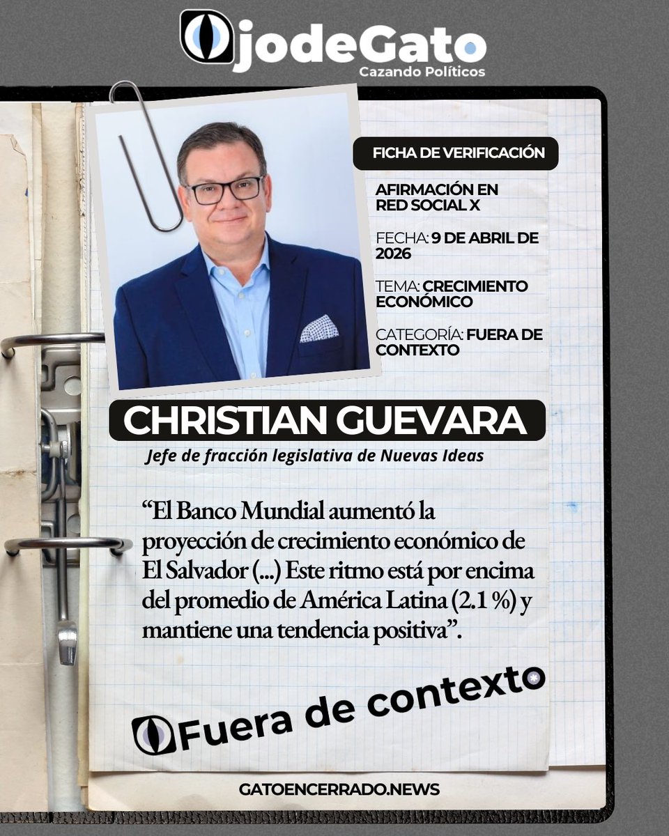 GatoEncerradoSV's tweet photo. #FueraDeContexto | El diputado Guevara retomó la proyección del Banco Mundial que mejoró la proyección de crecimiento económico de El Salvador a 3.2 % para 2026 y la presentó como una señal de avance económico.

🔎Lee aquí la verificación 🔗https://t.co/dAjj6rTfPZ https://t.co/iL5pNOkPoo