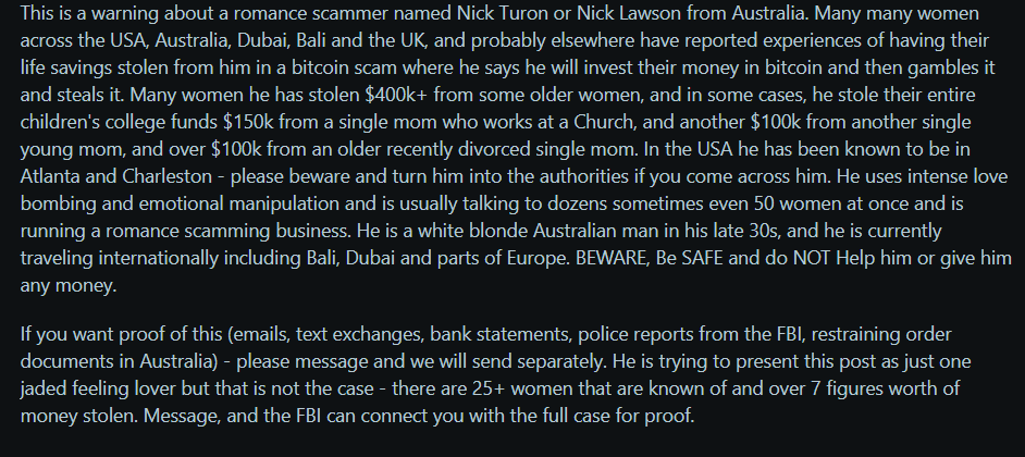 pressB20742's tweet photo. Just in 🚨🚨.. 6 victims have reached out concerning Nick Turon (fake name Nick Lawson)...Who scams victims via dating apps. Forensics companies with successful cases should reach out with proof of their successful cases for crypto recovery bounty. https://t.co/VA8Tw1IFjz