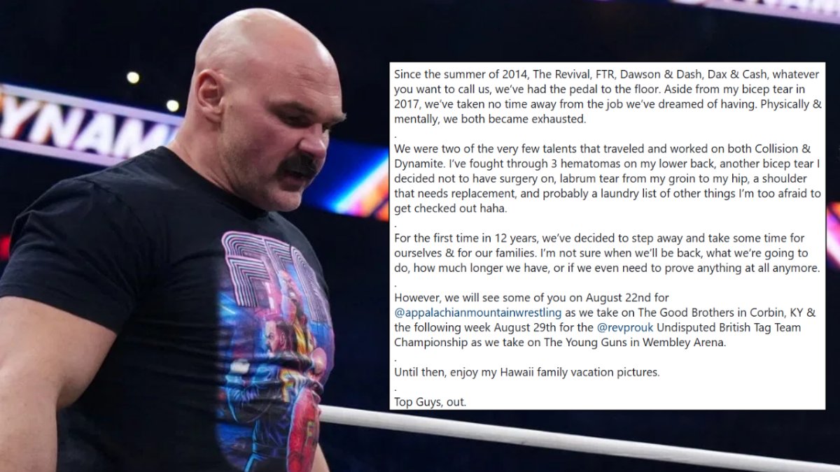 WrestleTalk_TV's tweet photo. Dax Harwood has opened up on FTR's AEW absence since Double or Nothing:

"For the first time in 12 years, we've decided to step away and take some time for ourselves & for our families. I'm not sure when we'll be back, what we're going to do, how much longer we have, or if we even need to prove anything at all anymore"

(IG)
