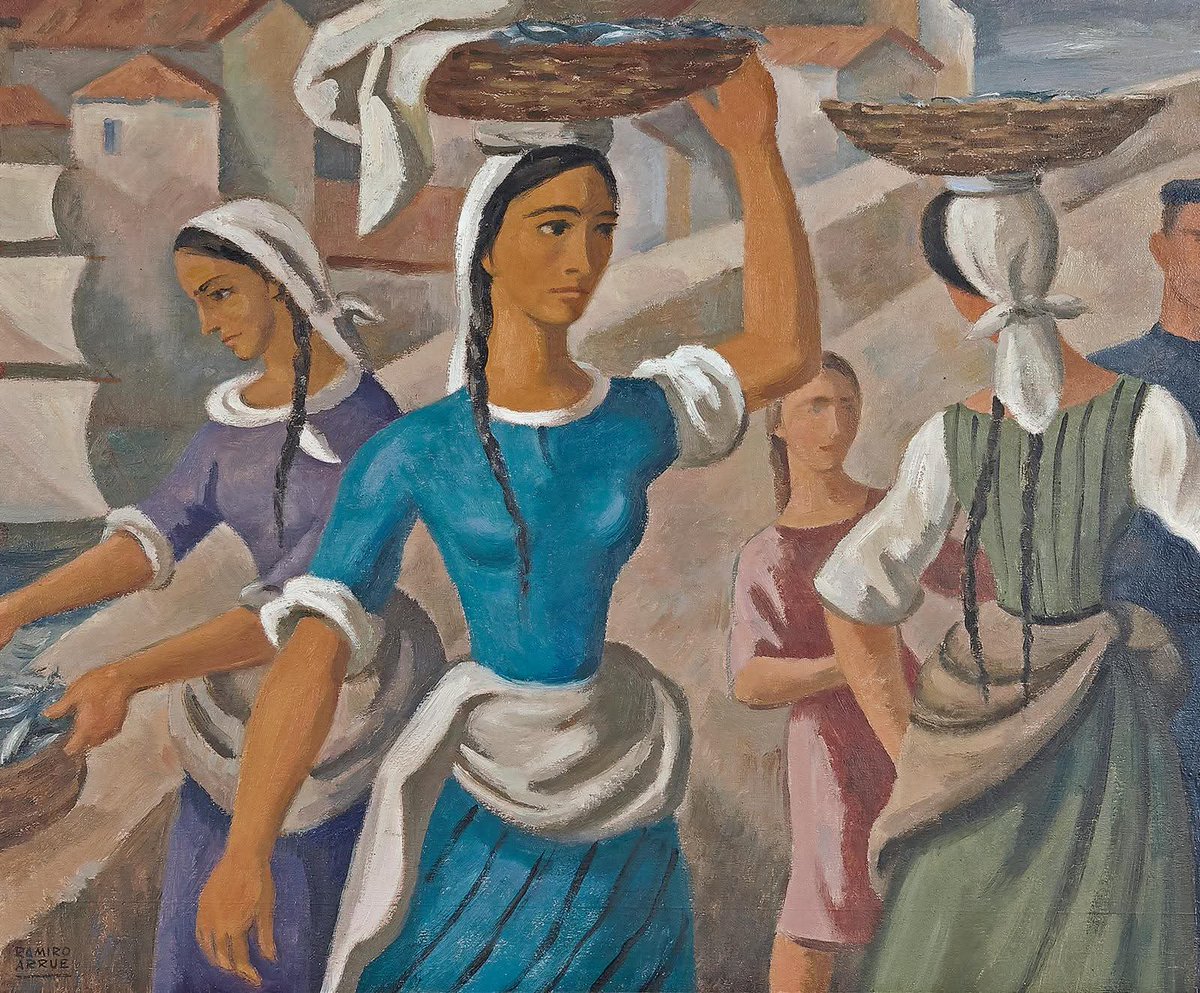 PNerval's tweet photo. Pays Basque 
"Les Kaskarots", huile sur panneau de Ramiro Arrue (1892-1971), peintre basque né à Bilbao, le dernier d'une fratrie d'artistes. Formé à Paris, il s’installe principalement à Saint-Jean-de-Luz à partir des années 1920 et fait du Pays basque le cœur exclusif de son œuvre. Il développe un style figuratif très reconnaissable : compositions équilibrées, silhouettes stylisées, contours nets, couleurs sourdes et harmonies sobres. Son œuvre célèbre la vie quotidienne, les traditions et les paysages du Pays basque, dont il devient l’un des grands peintres emblématiques du XXᵉ siècle.