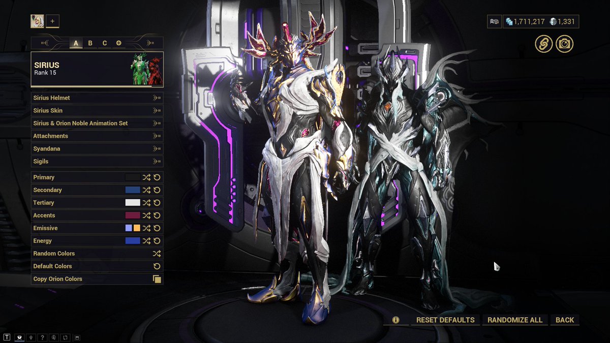 Oceyeris's tweet photo. Current Sirius &amp; Orion color schemes

Sirius is definitely a work in progress as I'm not sure about the pink/purple https://t.co/FRuTLIzfeL
