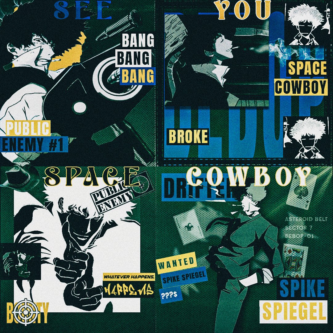 KaguneDave's tweet photo. Day 4/30 Design Challenge 🎨
Late been busy 😕!
​Style: Moodboard
Character: Spike Spiegel 🚬🔫
​Inspired by those clean Blue Lock pfps going around. See you space cowboy...
​Comms open! Reply with who you want to see next, maybe they'll make it in👀 https://t.co/GEyPoCfVJ6