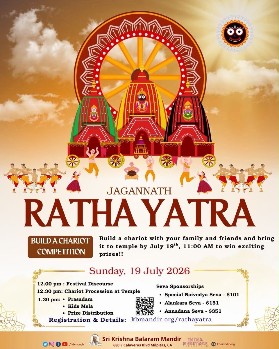 kbmandir's tweet photo. 🛕 Build a Chariot &amp; Grand Ratha Yatra Celebrations
Join the Build a Chariot competition with family &amp; friends! Bring your chariot to the temple on Sunday, July 19 before 11 AM. Winners receive prizes after the procession.
Details: https://t.co/m021SxvCY5 https://t.co/ljtL97P4lU