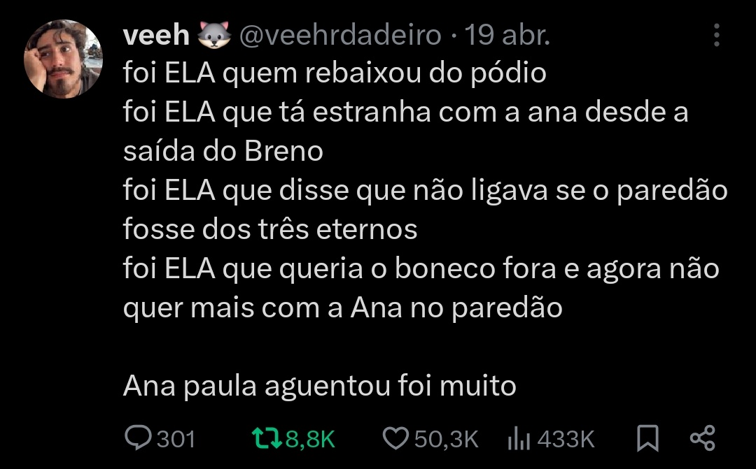 Maydaladygaga's tweet photo. foi ELA que quando saiu ficou alimentando shipp que não existe
foi ELA que escreveu tweet fomentando hate nos amigos
foi ELA que não aceitou até hj que ganhou só 17%
foi ELA que respondeu mais de um tweet com hate pra ana e juliano

Não venham cobrar porra nenhuma da Ana Paula https://t.co/hTZDp6fEzK