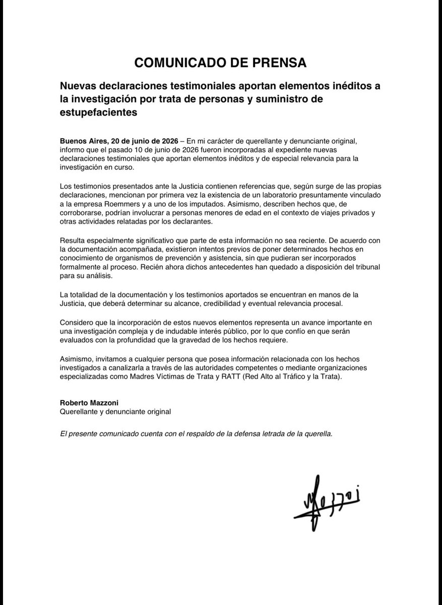 robermazzoni's tweet photo. Nuevas declaraciones en el expediente 1052/2022 aportan información inédita: por primera vez vinculan al laboratorio de un imputado  y mencionan menores en viajes privados.

📄 Comunicado de prensa completo. Leelo y compartí.

#Trata #Justicia #Menores #Roemmers https://t.co/xIMF7YKmVO