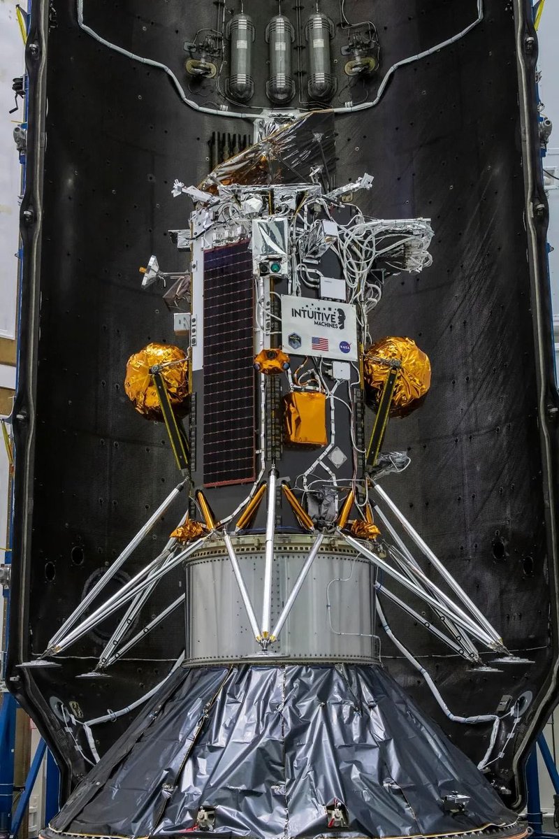 All_inspace's tweet photo. Fairing closeout:

Private lander.

NASA science.

SpaceX fairing.

Moon next.

CLPS:

1972: Apollo 17.

2024: Odysseus.

Back on the Moon.

Methalox first:

LOX + LCH4.

First to deep space.

First to Moon.

South Pole:

Malapert A.

80° South.

Ice hunting.

Six legs:

6 legs.

1 Moon.

0 government lander.

Commercial Moon:

NASA bought a ride. 

IM built the truck.

SpaceX drove.