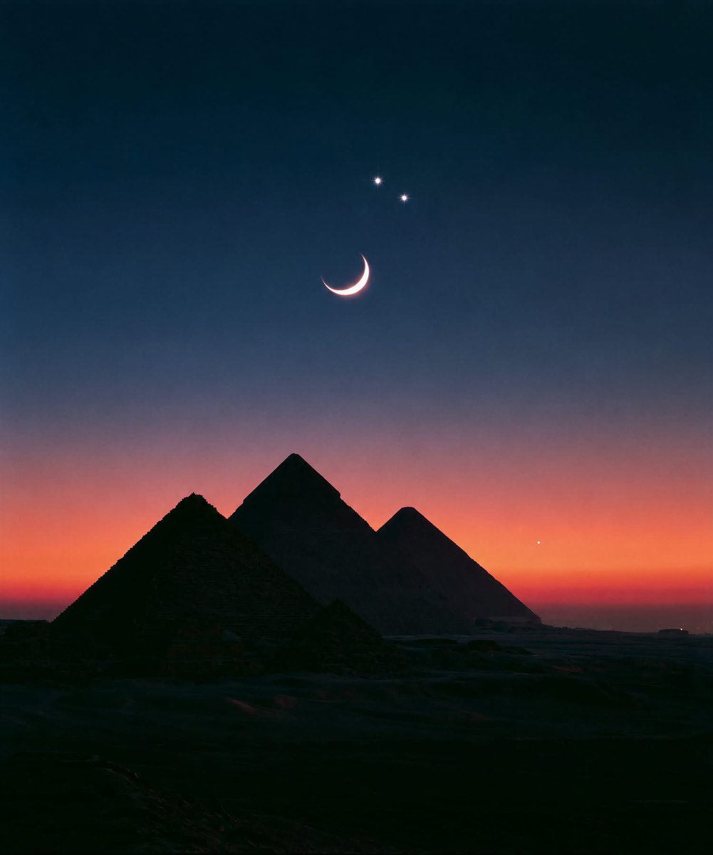 forallcurious's tweet photo. You won't BELIEVE what lined up over the Pyramids 😱

The Moon, Venus AND Jupiter in one frame — with Mercury photobombing the corner. 

The ancients would've LOST it. 🌙🪐 https://t.co/6MxKsG5mid