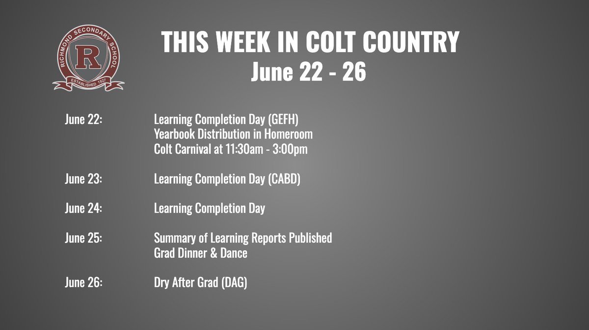 RichmondColts's tweet photo. It's the last week of school Colts! Lots of exciting events including Yearbooks, Colt Carnival, Grad Dinner &amp; Dance, and much more! Read all about it at https://t.co/FM7rRPaVFa #GoColts♥️ https://t.co/Jd0IauExOm