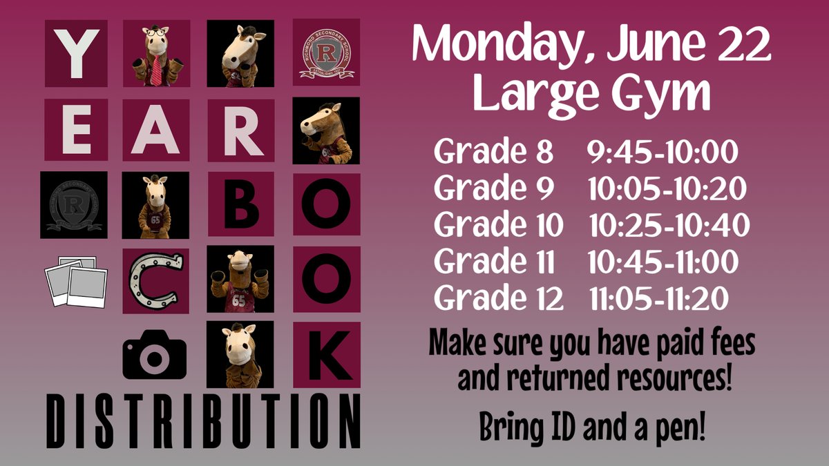 RichmondColts's tweet photo. Yearbook Distribution on Monday, June 22 BY GRADE beginning at 9:45 AM. Check the schedule and details at https://t.co/CixeEC7W14. https://t.co/XoZ5te8cC3