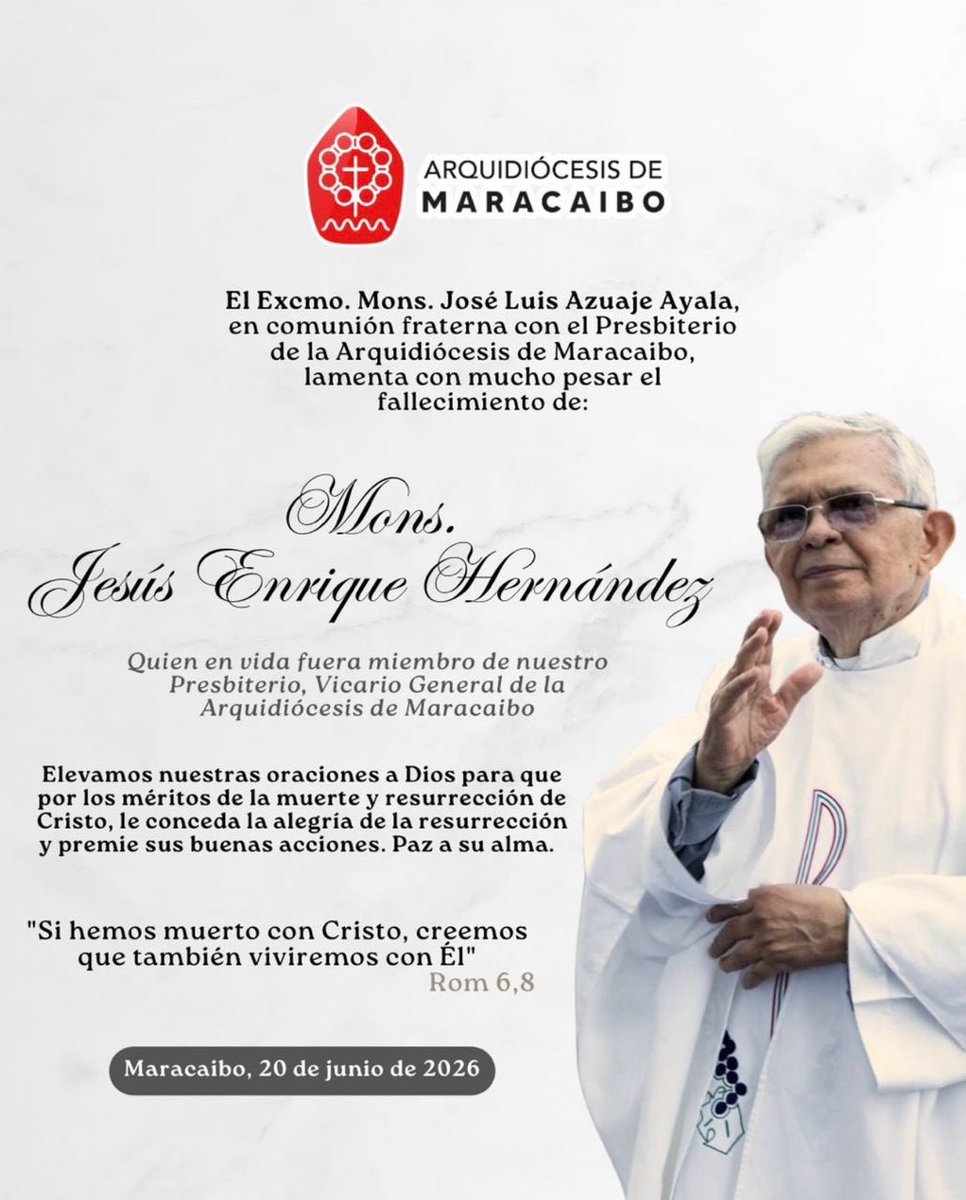 leocenisoficial's tweet photo. Como zuliano, lamento profundamente el fallecimiento de Su Excelencia Monseñor Jesús Enrique Hernández Bracho, “Chulique”.
Lo conocí gracias a Monseñor Ocando , quien lo amaba y admiraba profundamente. Era un gran pastor, un verdadero siervo de Dios.
Envío también mi más sincero reconocimiento a Jonás y a todo el personal del Hospital Madre Rafols, que lo acompañaron con amor y dignidad en sus últimos días. Porque Chulique, como tantos sacerdotes, al final de su vida solo tenía la pobreza que libremente eligió mediante sus votos, y ahora Jesucristo sale a su encuentro para recibirlo en la casa del Padre.