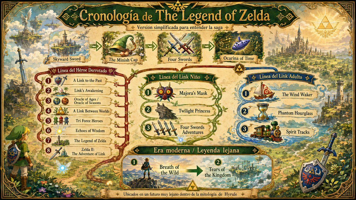Distritopixel's tweet photo. 🗡️✨ Guía rápida para entender la cronología de The Legend of Zelda 💚

La saga no va en una sola línea recta: funciona como una leyenda que se repite en distintas eras de Hyrule.

Todo nace con Skyward Sword, donde se explica el origen de la Espada Maestra, Zelda, Link y la maldición eterna del mal. ⚔️

Después llegamos a Ocarina of Time, el punto clave de toda la cronología. ⏳
Aquí la historia se rompe en 3 caminos:
🔴 Línea del Héroe Derrotado
Si Link fracasa, llegamos a A Link to the Past, Link’s Awakening, Echoes of Wisdom, Zelda I y Zelda II.

🟢 Línea del Link Niño
Tras volver a su infancia, nacen Majora’s Mask y Twilight Princess.
🔵 Línea del Link Adulto
Cuando el héroe desaparece, Hyrule acaba convertida en mito en The Wind Waker, Phantom Hourglass y Spirit Tracks.

Y mucho después, casi como una leyenda lejana, llegan Breath of the Wild y Tears of the Kingdom, una Hyrule rota, libre y llena de ecos del pasado. 🌿🏰
Zelda no es solo una cronología.
Es una historia sobre destino, pérdida, valor, memoria y volver a levantarse cuando el mundo se cae.

¿Cuál es TU Zelda favorito? 👀💚
#Zelda #TheLegendOfZelda #Nintendo #NintendoSwitch #Switch2 #OcarinaOfTime #MajorasMask #WindWaker #TwilightPrincess #SkywardSword #BreathOfTheWild #TearsOfTheKingdom #EchoesOfWisdom #Gaming #Videojuegos #RetroGaming #Gamers #Hyrule #Link #PrincessZelda
