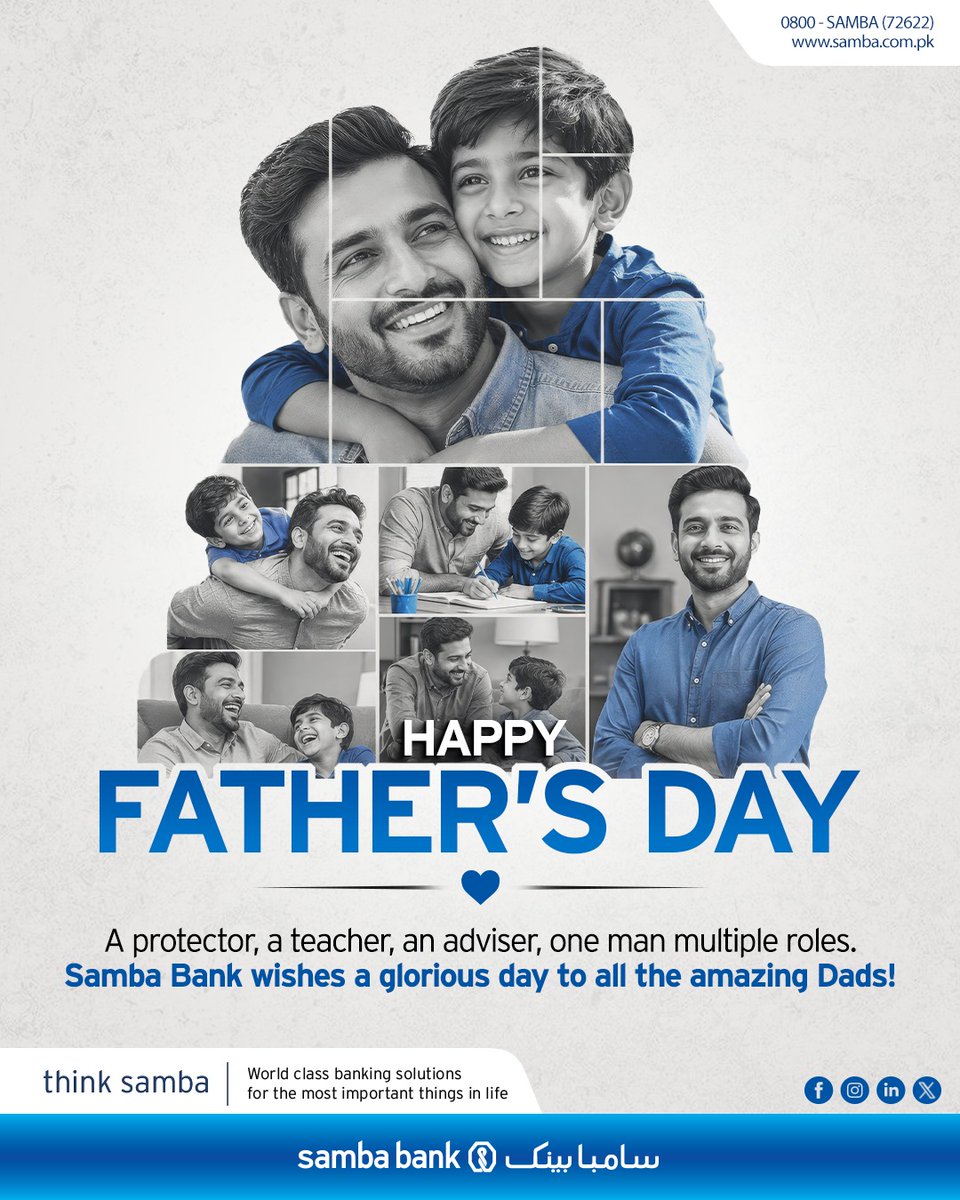 SambaPakistan's tweet photo. The best advice, the ultimate support, and a legacy of strength. Today, we celebrate the men who pave the way for our success.
Happy Father’s Day from all of us at Samba Bank!
#FathersDay2026 #SambaBank #CelebratingDads #GuidingLight https://t.co/0EtDD9lH0b