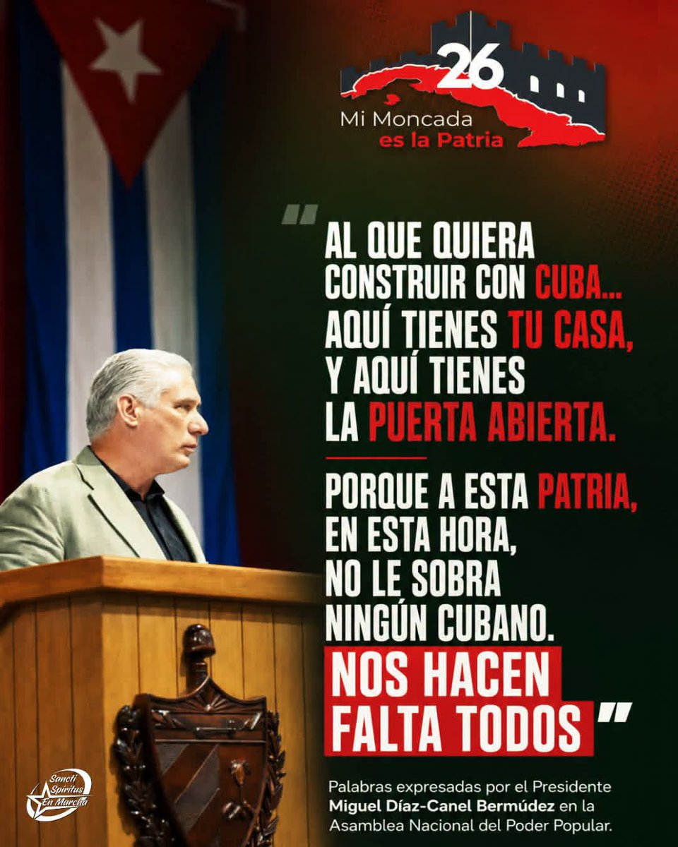 Danay_Riverol's tweet photo. "A esta patria no le sobra ningún cubano." Ese es el corazón del mensaje de Díaz-Canel: Cuba necesita de todos sus hijos, vivan donde vivan, siempre que estén dispuestos a construir, aportar y defender el futuro de la nación.
#MiMoncadaEsLaPatria
#NuestraRespuestaEsLaUnidad https://t.co/8KZmiW0o3z