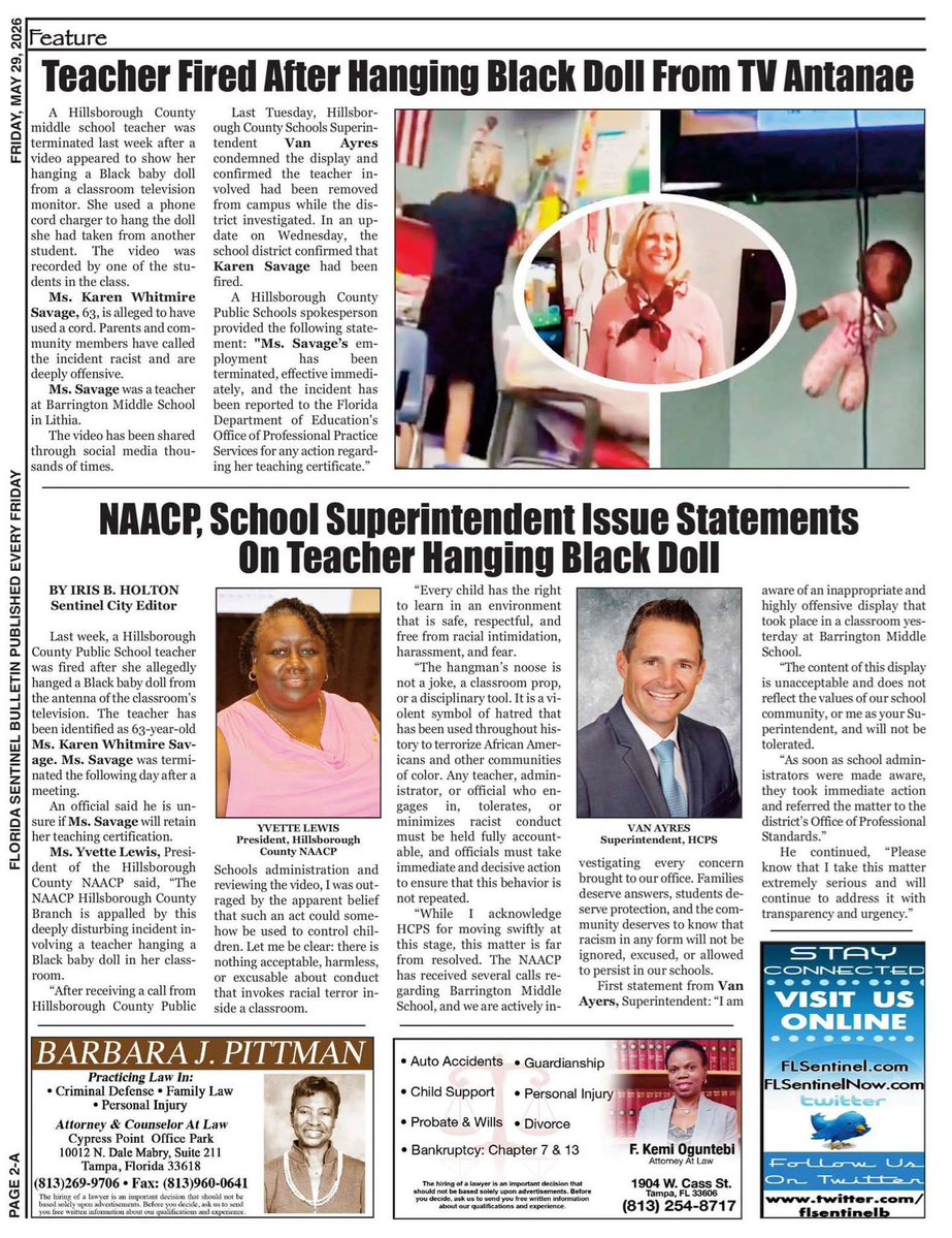 HillsbrghNAACP's tweet photo. 📰 Thank you to our media partner, @FlSentinelB "Cover + @HillsbrghNAACP, School Superintendent Issue Statements on Teacher Hanging Doll, p2-A, 5-29-26" 🌐 Check out the Online Digital Interactive Ed https://t.co/9iOpw8PzUq📱 #ALLIN #KeepAdvancing @NAACP @usfnaacp @TeenRiotFL https://t.co/5IYc6Jk4Zf