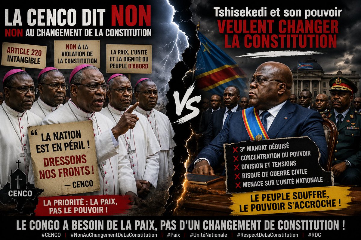 franckdiongooff's tweet photo. La CENCO : le Congo a besoin de la paix, pas d’un changement de Constitution.

La véritable urgence nationale n’est pas le changement de la Constitution, mais le retour de la paix, de la sécurité et de la cohésion nationale. Alors que des millions de Congolais subissent les conséquences de la guerre et de la pauvreté, toute initiative susceptible d’accentuer les tensions politiques doit être écartée. La priorité doit rester la défense de la paix, de l’unité nationale et de l’État de droit.