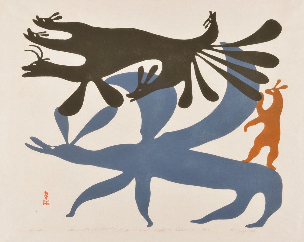 womensart1's tweet photo. Hare spirits (1960) by Kenojuak Ashevak, influential artist of Inuit heritage #womensart #CanadianArtistsWeek https://t.co/IrVrxV7Qax