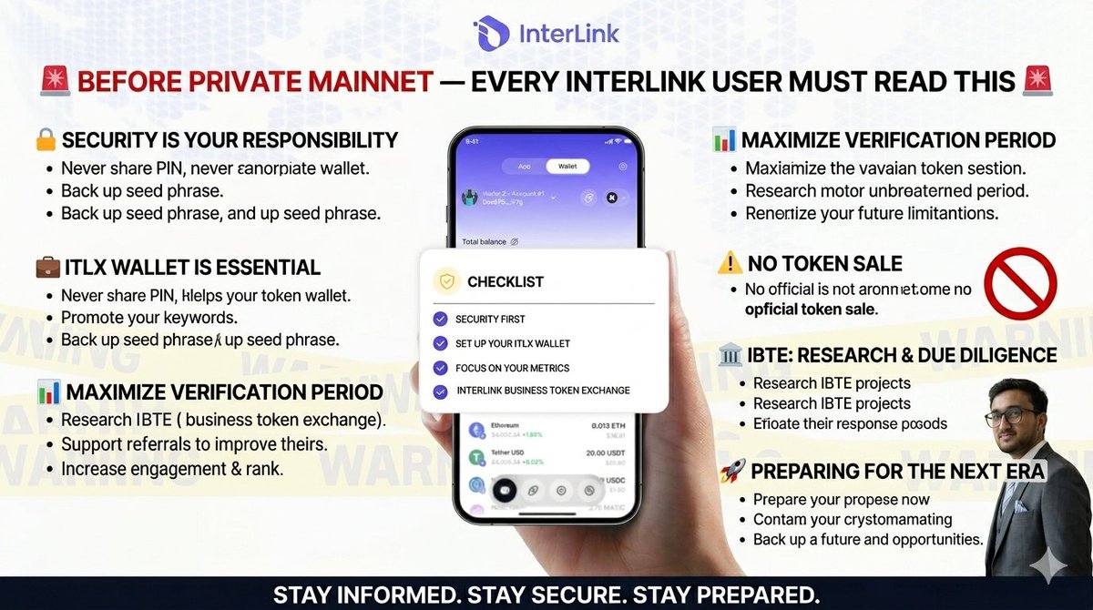 KumarShanu1019's tweet photo. Private Mainnet is approaching. Secure your account, set up your ITLX wallet, protect your seed phrase, improve your metrics, avoid scams, and prepare today for the future of the InterLink ecosystem.
#InterLink #ITLG #ITL
@kv_interlink @VyxCrypto629 @itl_fdn @itl_community https://t.co/RbgorcREb5
