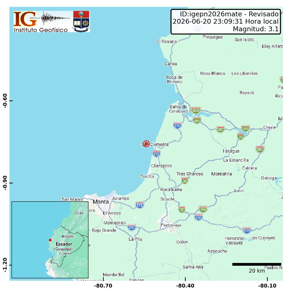 IGecuador's tweet photo. [REVISADO]
Evento: igepn2026mate
Ocurrido: 2026-06-20 23:09:31
Mag.: 3.1MLv
Prof.: 23.0 km
Lat.: 0.757° S
Long.: 80.543° W
Localizado: a 20.0 km de Bahia de Caraquez, Manabi
Sintió este sismo? Repórtelo: https://t.co/Rbee81R8KQ https://t.co/nkIm2UOjdZ