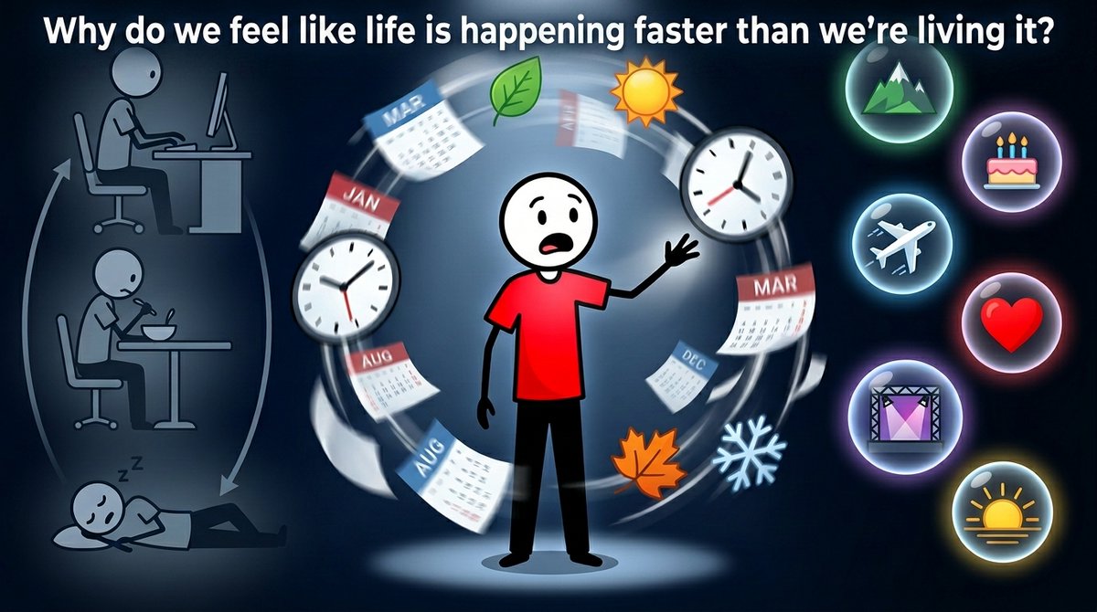 WhyWeDoThatX's tweet photo. Why do we feel like life is happening faster than we're living it?

Monday becomes Friday.

January becomes June.

One birthday becomes the next.

Years pass.

And somehow it feels like life is moving faster than we can keep up with.

Why? 🧵 https://t.co/MxM3FS4Ggf