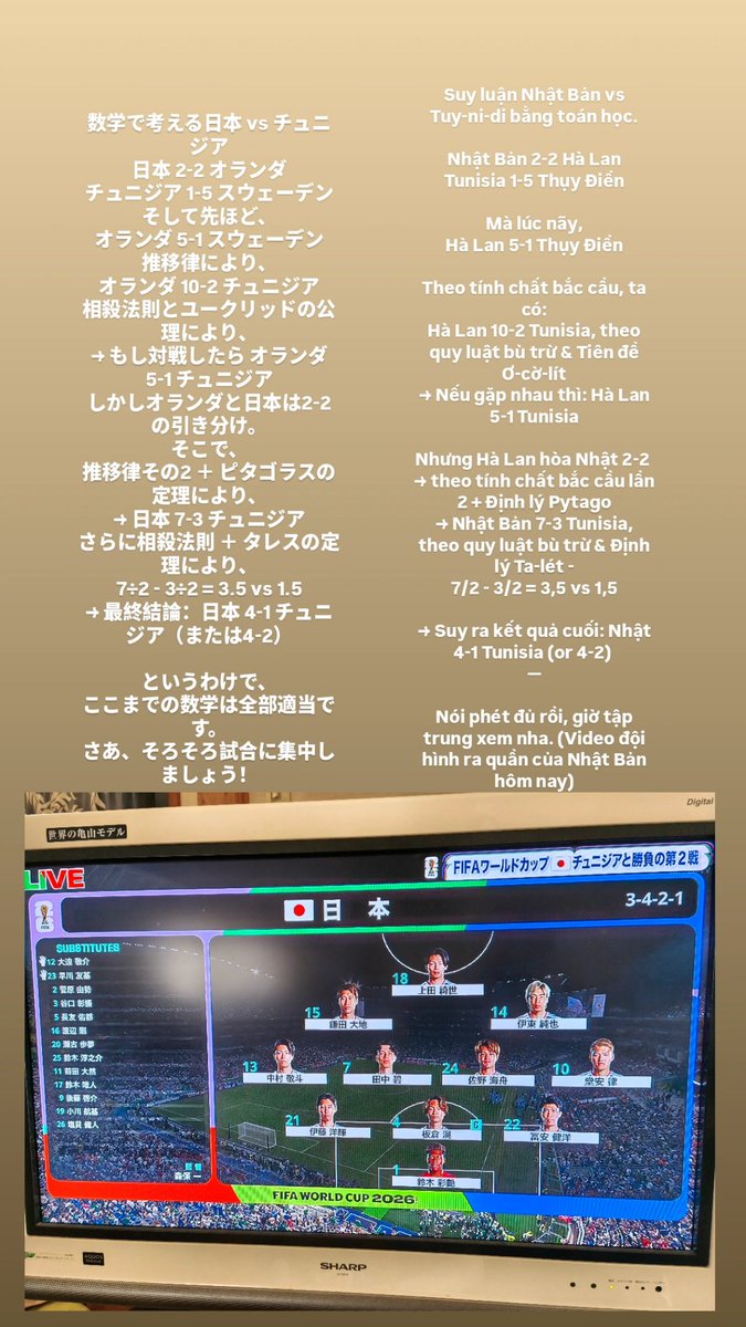 LinhAngelMusic's tweet photo. 数学で考える日本 vs チュニジア
日本 2-2 オランダ
チュニジア 1-5 スウェーデン
そして先
オランダ 5-1 スウェーデン
推移律により、
相殺法則と
→ オランダ 5-1 チュニジア
→ 最終結論：日本 4-1 チュニジア（または4-2）

というわけで
ここまでの数学は全部適当です
さあ試合に集中しましょう https://t.co/lyQeiUDXmL