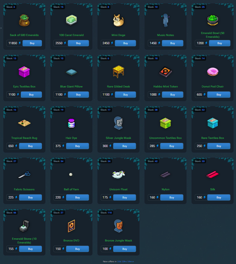 SecureHabboNFT's tweet photo. 🎉 The reward shop has been reset!
Redeem your ⚡VOLTS  for new items now at
https://t.co/dGDMd7MLh8

🔄 New rewards
⏳ Restocked items
🎯 Limited items! https://t.co/vzVSGiK1jO