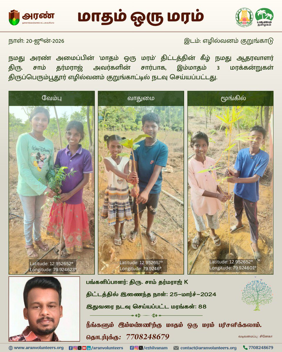 ezhilvanam's tweet photo. 🌴 மாதம் ஒரு மரம் – #284
20-ஜூன்-2026

நீங்களும் உங்கள் பெயரிலோ, அல்லது உங்கள் அன்புக்குரியவரின் பெயரிலோ ‘மாதம் ஒரு மரம்’ திட்டத்தில் இணைந்து, நம் மண்ணிற்குப் பசுமையைப் பரிசளிக்க விரும்பினால்
☎️ அழைக்கவும்: 7708248679

#ARAN #Sriperumbudur #Ezhilvanam #GiftATree #MaadhamOruMaram https://t.co/n28erjg6RN
